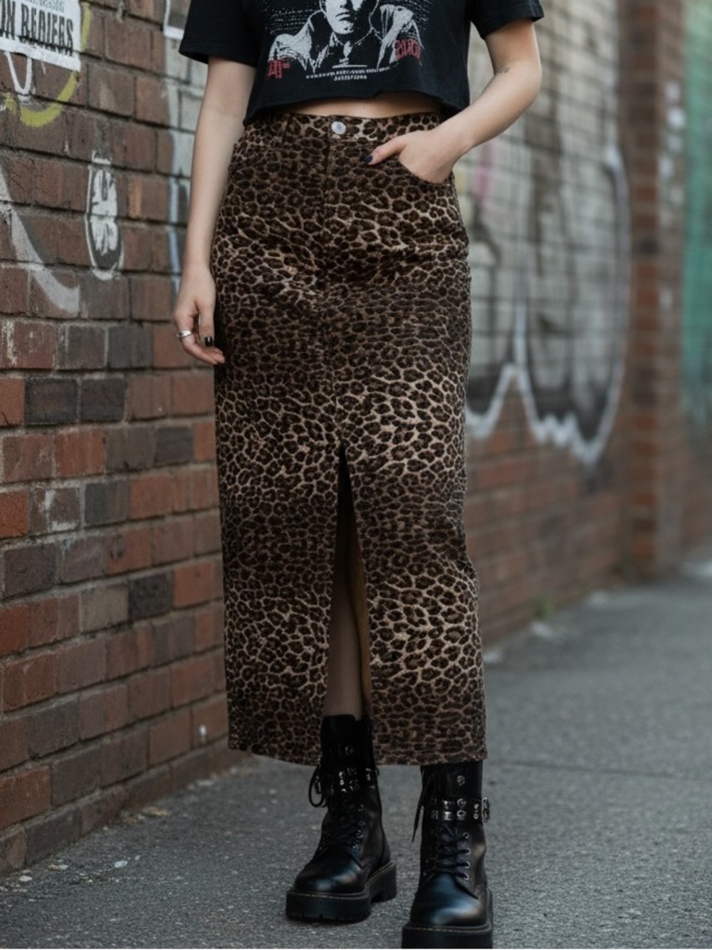 Leopard Print Midi Skirt with Front Slit - Brown